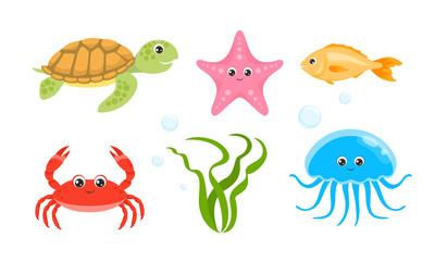 Cartoon sea animals set. Cute funny crab, fish, jellyfish, turtle, starfish and green seaweed. Vector flat illustration.