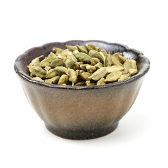 Green cardamom pods on white background