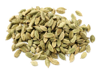 Green cardamom pods on white background