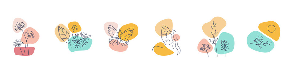 Vector illustration of abstract natural patterns icons in doodle style.