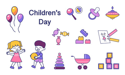 Vector illustration of cartoon childrens day icon set.