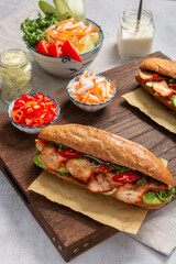 Banh Mi - Vietnamese sandwich with sausage, pork, lettuce, tomato and arugula on the light grey texture background. One of the most famous street food in the world