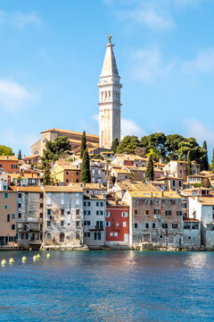 View at the Old town with Bell tower of Santa Eufemia church in Rovinj, Croatia