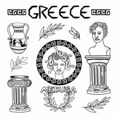 Set of ancient elements of Ancient Greece and Rome, hand-drawn in sketch style. Medusa Gorgon. Head of Perseus, vase with feat, laurel wreath, olive branch, columns of Ionic and Doric order.