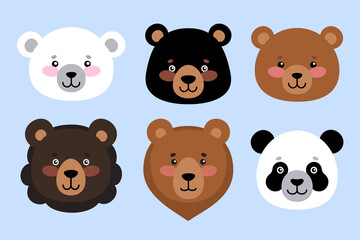 Cute cartoon bears. A set of portraits of different species of bears: white, black, brown, Himalayan, grizzly, panda. Vector illustration in a flat style.