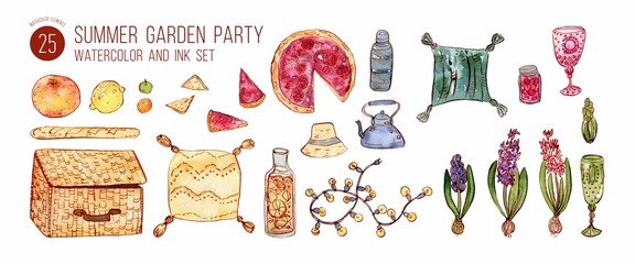 Warm garden party with lantern garland and picnic box, pie, lemonade and fruits. Watercolor set of illustrations