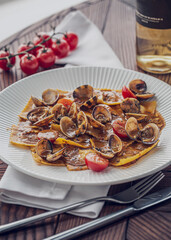 Seafood Ravioli Pasta and Wine on Served Table, Restaurant Food