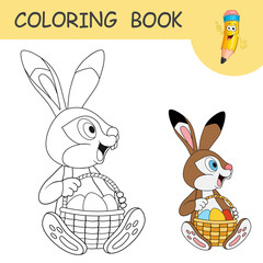 Cute Hare sitting and holding basket full of decorated Easter eggs. Coloring book with Rabbit. Colorless and color samples of cartoon Bunny. Template of coloring page or practice worksheet for kids.