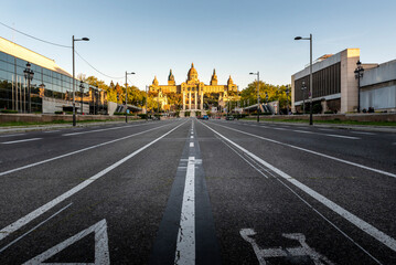Barcelona Placa d'Espanya, with Montjuic National Palace and National Art Museum. This iconic square is located at the foot of Montjuic and it's a major landmark in Barcelona, Catalonia, Spain