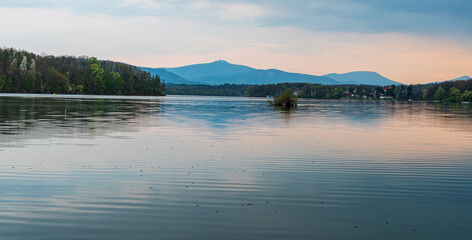 Terlicko dam with Moravskoslezske Beskydy mountains on the background in Czech republic