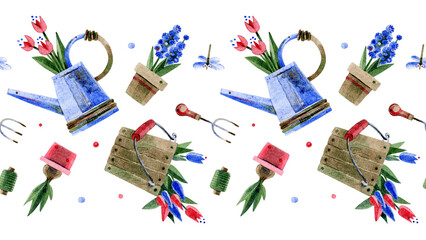 Seamless border made of a wooden bucket with tulips, garden tools, watering cans. Hand-drawn watercolor illustrations on a white background.  Isolated.  Design for adhesive tape, wallpaper, packaging.