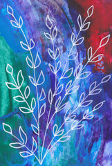 Fototapeta na wymiar hand drawn white leaves and plants on acrylic background