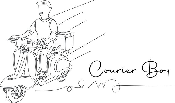 outline sketch drawing of Courier boy going on scooter for fast delivery, courier logo, line art illustration vector silhouette of courier service boy