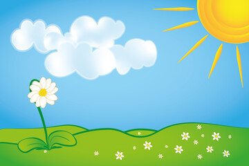 Einfach gezeichnete Karte mit Blume, Sonne, Wolken und Wiese.