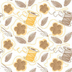 Seamless pattern of thread, needles, and embroidery, hand-drawn doodle elements in sketch style. Sewing thread, needle. Sewing. Embroidery. Flowers and leaves. Handmade. Vector simple illustration.