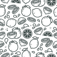 Vector seamless pattern with orange, lemon in outline style. Fruit for package, kitchen design, fabric and textile. Citrus wallpaper