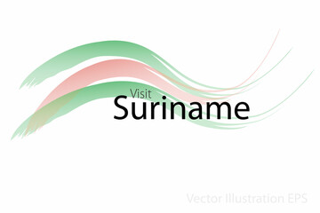 the slogan visit Suriname with curved waves in watercolor style which are in the colors of the national flag. Vector Illustration