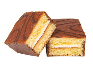 Biscuit cake with cream filling glazed chocolate isolated on the white