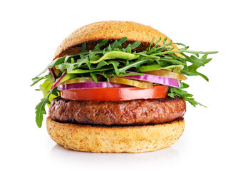 Burger with vegan meat patty isolated on white background.  - obrazy, fototapety, plakaty
