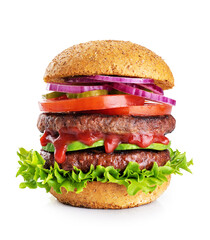 Double burger with vegan meat patty isolated on white background.