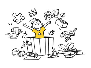 Ragazzo felice apre una scatola piena di giocattoli