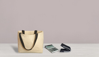 shopping bag and leather wallet. Shopping concept