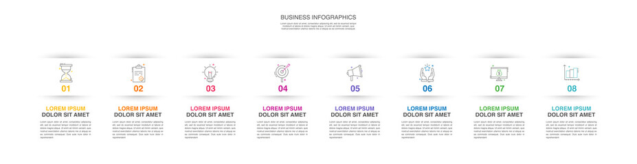 Vector simple infographics. Modern business timeline template with 8 steps and icons. Graphic timeline for app, website, interface, chart, levels, web, diagram, banner, presentations.