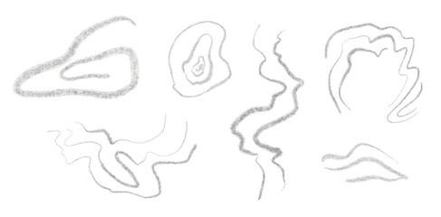 Set of silver glitter brush strokes with sparkles on white background