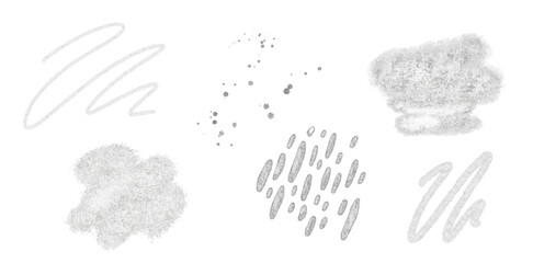 Set of silver glitter brush strokes with sparkles on white background