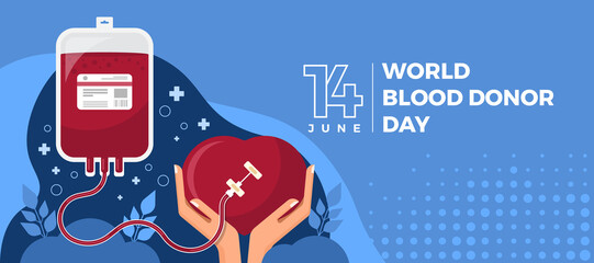 world blood donor day - blood from a blood bag is flowing into a heart that is holding on blue background vector design - Powered by Adobe