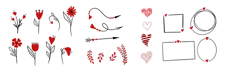 St.Valentine s Day big doodle set of elements, clipart, stickers. Love letter, kiss, sweets, drinks, decoration and hearts line art. Hand drawn vectors.