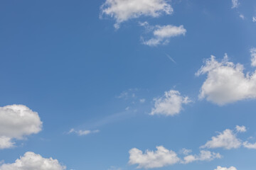 Naklejka na ściany i meble Fluffy isolated white clouds on a pale blue summer midday sky, ideal background, copy space