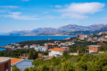 Naklejka na ściany i meble Summer Budva riviera coastline panorama landscape in Montenegro. View from the top of the mountain road.