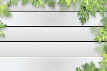 wooden table top with green leaves as frame and free space for text