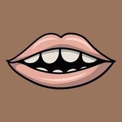 Cute pink lips with white teeth on dark skin, cartoon vector illustration