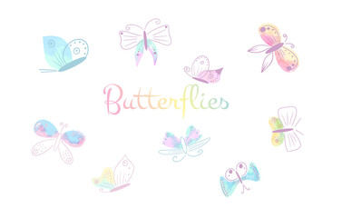 Collection of colorful flying butterflies in different poses.