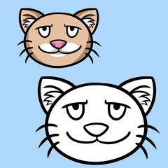 A set for coloring books, monochrome and color pictures. Light beige cat, cat face, close-up cartoon vector