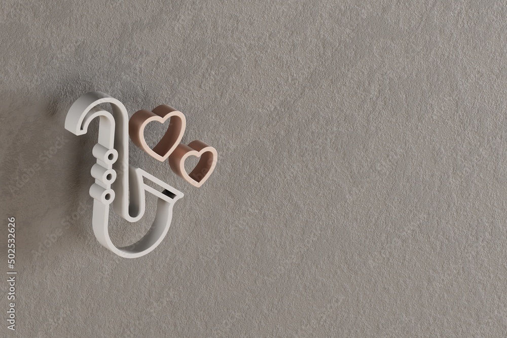 Poster Beautiful abstract illustrations Withe and Golden Saxophone with heart symbol icons on a gray wall background. 3d rendering illustration. Background pattern for design. .