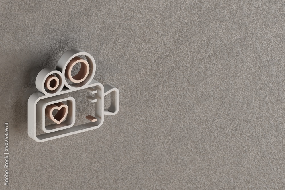 Fototapete Beautiful abstract illustrations Withe and Golden Video Camera with heart symbol icons on a gray wall background. 3d rendering illustration. Background pattern for design. .