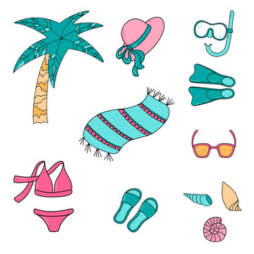 Set of cute beach elements: palm tree, hat, swimsuit, towel, flip flop, sunglasses, shells, snorkel equipment. Perfect for summertime poster, card, scrapbooking, invitation. Vector illustrations.