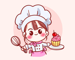 Cute chef girl in uniform character holding a cake food restaurant logo cartoon art illustration
