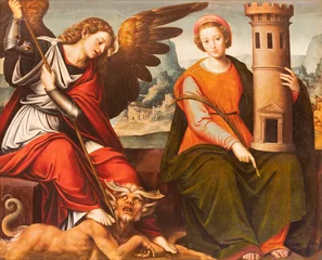 Fotobehang VALENCIA, SPAIN - FEBRUARY 14, 2022: The renaissance painting of St. Michael archangel and St. Barbara in the Cathedral by Juan de Juanes from 16. cent.. © Renáta Sedmáková