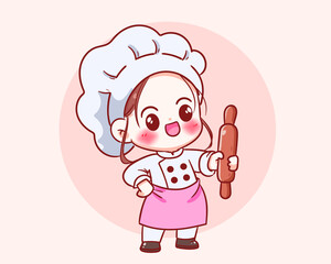 Obraz na płótnie Canvas Cute chef girl in uniform character holding rolling pin food restaurant logo cartoon art illustration