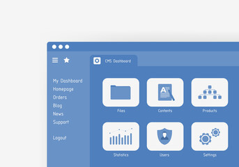 CMS admin dashboard concept. Manage content - create, edit and publish products or articles, configuration, seo, administration with website content management system