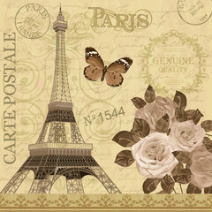 Paris vintage postcard with Eiffel Tower and roses on retro background. 