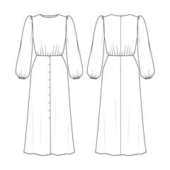 Fashion technical drawing of dress with long puff sleeves and front button skirt - obrazy, fototapety, plakaty