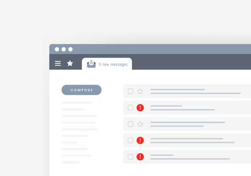E-Mail service interface with 5 new messages and spam. Vector illustration in flat design of the email service open in the browser window with tab notification