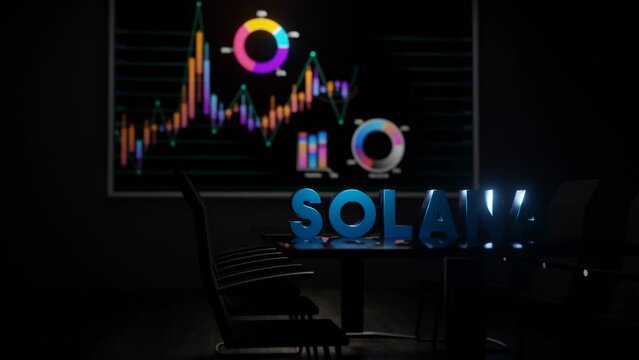Solana text on boardroom table and stock market charts on wall tv screen. Fictional 3d render blockchain crypto currency concept animation.