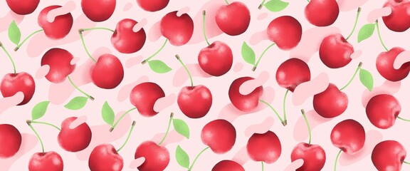 Horizontal, artistic, colorful, cherries, banner, fruits illustartion.