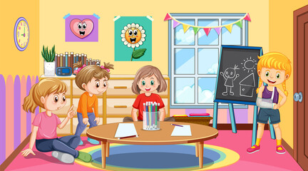 Kindergarten classroom scene with children